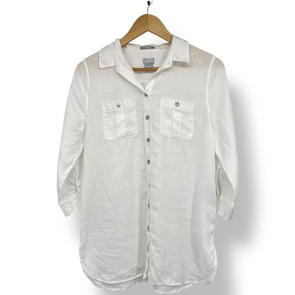 Chico's Linen Button Up Tunic‎ Blouse 3/4 Sleeve White Top Women's 0 XS